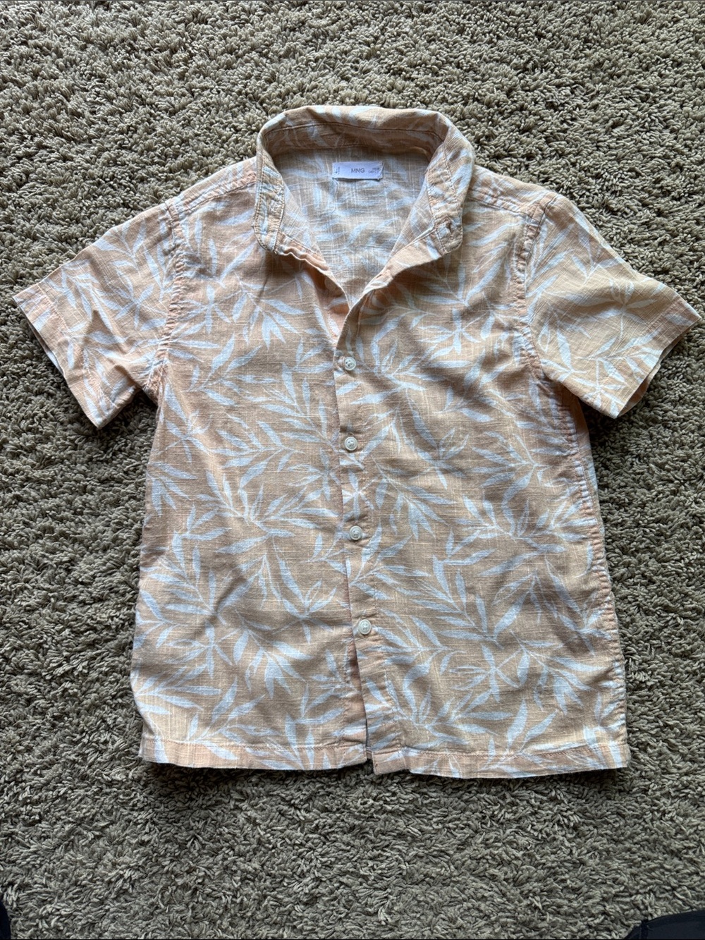 Boys Short Sleeve Peach Leaf Print Button-Up Shirt